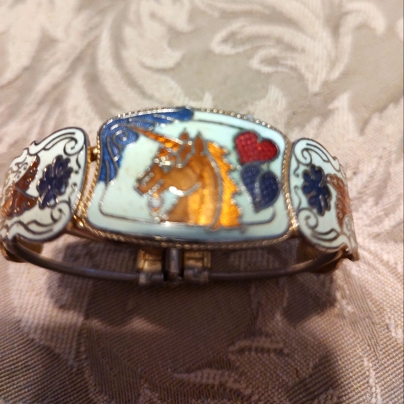 💙🦄💙Glorious 80's RARE Vintage Enameled Unicorn & Floral Hinge Bangle Bracelet - Picture 9 of 14